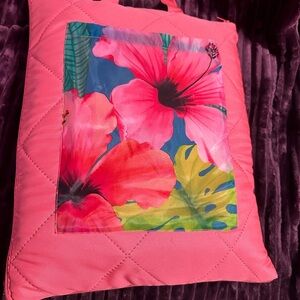 Tropical Floral Pink Quilted Beach Blanket into own Tote Bag